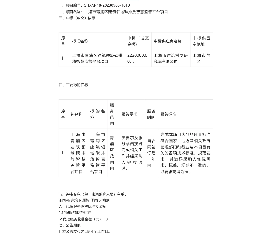【中标】碳排放223万-上海市青浦区建筑领域碳排放智慧监管平台项目的中标（成交）结果公告-上海市建筑科学研究院有限公司_第1页