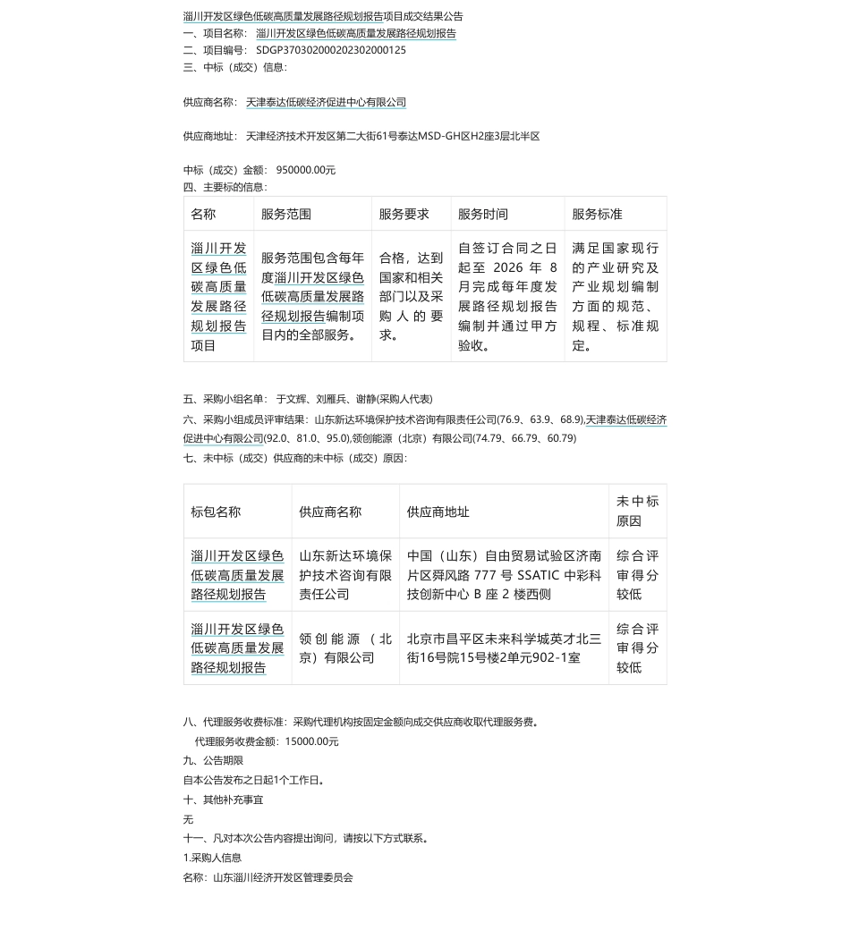 【中标】碳咨询95万-淄川开发区绿色低碳高质量发展路径规划报告成交结果-天津泰达低碳经济促进中心有限公司_第1页
