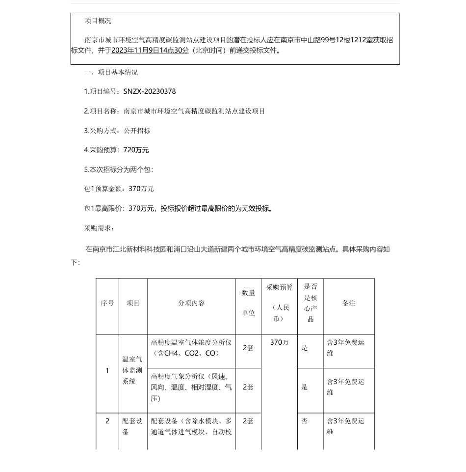 【招标】碳工程720万-南京市城市环境空气高精度碳监测站点建设项目招标公告_第1页