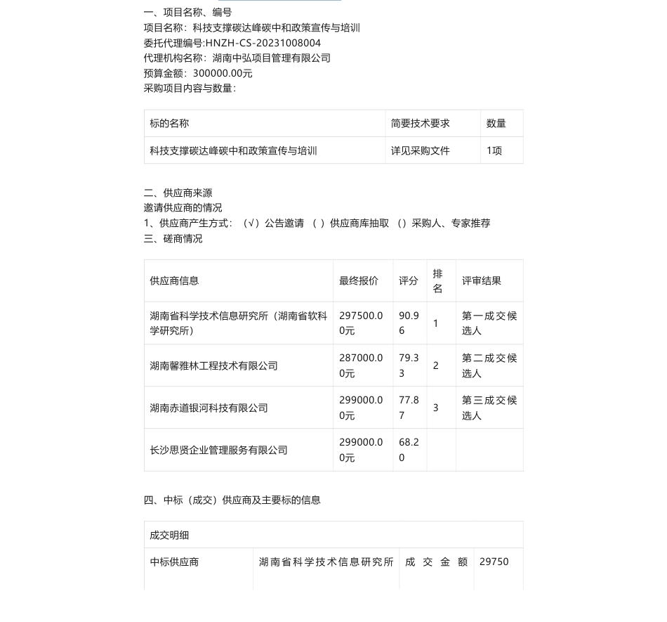 【中标】碳服务30万-科技支撑碳达峰碳中和政策宣传与培训竞争性磋商结果公告-湖南省科学技术信息研究所（湖南省软科学研究所）_第1页