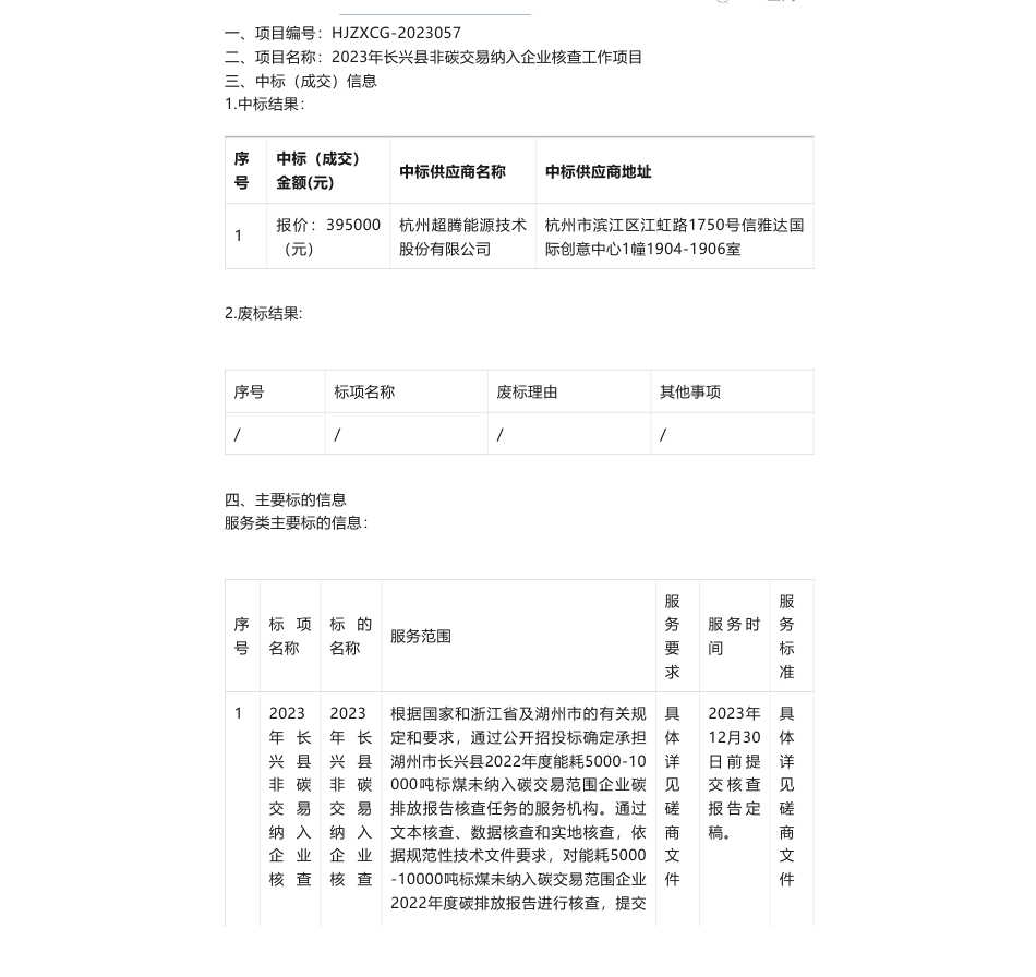 【中标】碳系统39.5万-2023年长兴县非碳交易纳入企业核查工作项目中标(成交)结果公告-杭州超腾能源技术股份有限公司_第1页