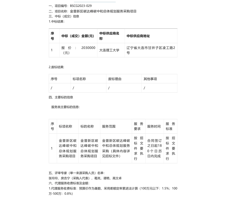 【中标】碳系统203万-金普新区碳达峰碳中和总体规划服务采购项目中标(成交)结果公告-大连理工大学_第1页