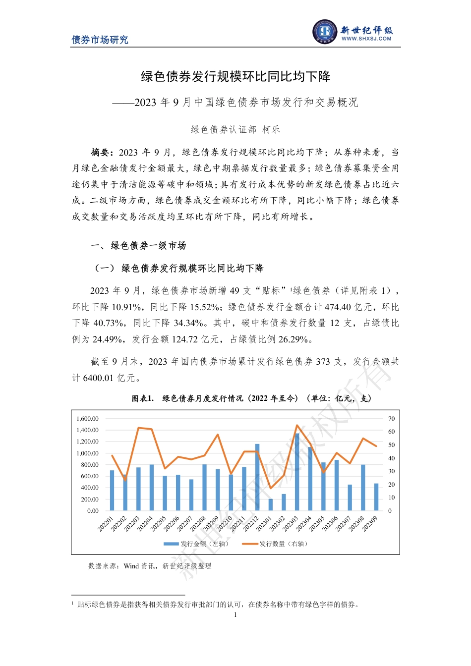 新世纪评级-绿色债券发行规模环比同比均下降——2023年9月中国绿色债券市场发行和交易概况-10页_第1页