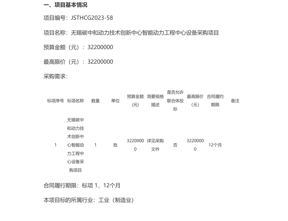 【招标】碳系统3220万-无锡碳中和动力技术创新中心关于无锡碳中和动力技术创新中心智能动力工程中心设备采购项目的公开招标公告JSTHCG2023-58_第1页