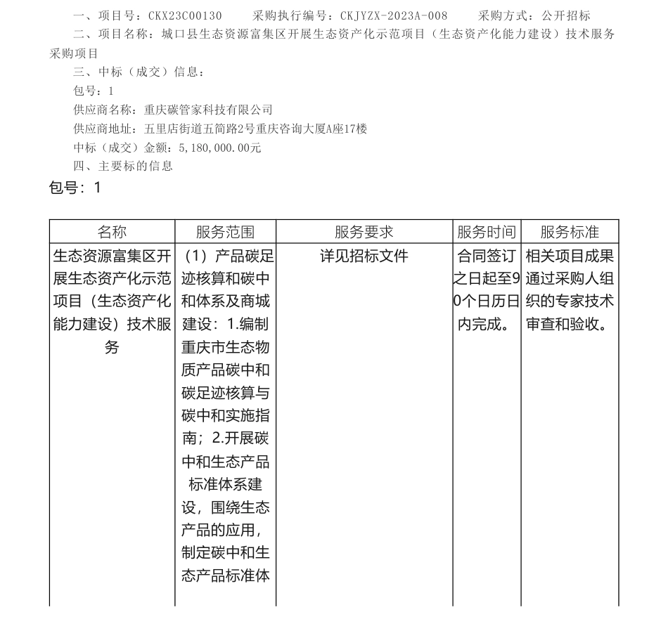 【中标】碳足迹518万-城口县生态资源富集区开展生态资产化示范项目技术服务采购项目中标（成交）结果公告-重庆碳管家科技有限公司_第1页