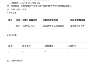 【中标】气候变化36.5万-关于平湖市应对气候变化工作委托第三方技术支撑服务项目的公开招标公告中标(成交)结果公告-浙江清华长三角研究院