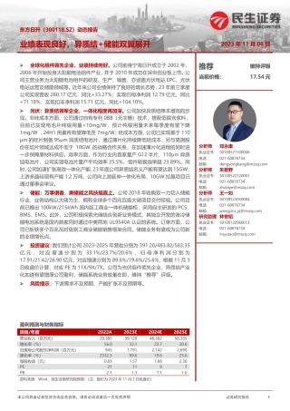 民生证券：业绩表现良好，异质结+储能双翼展开