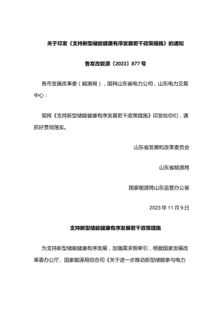 【政策】山东省支持新型储能健康有序发展若干政策措施