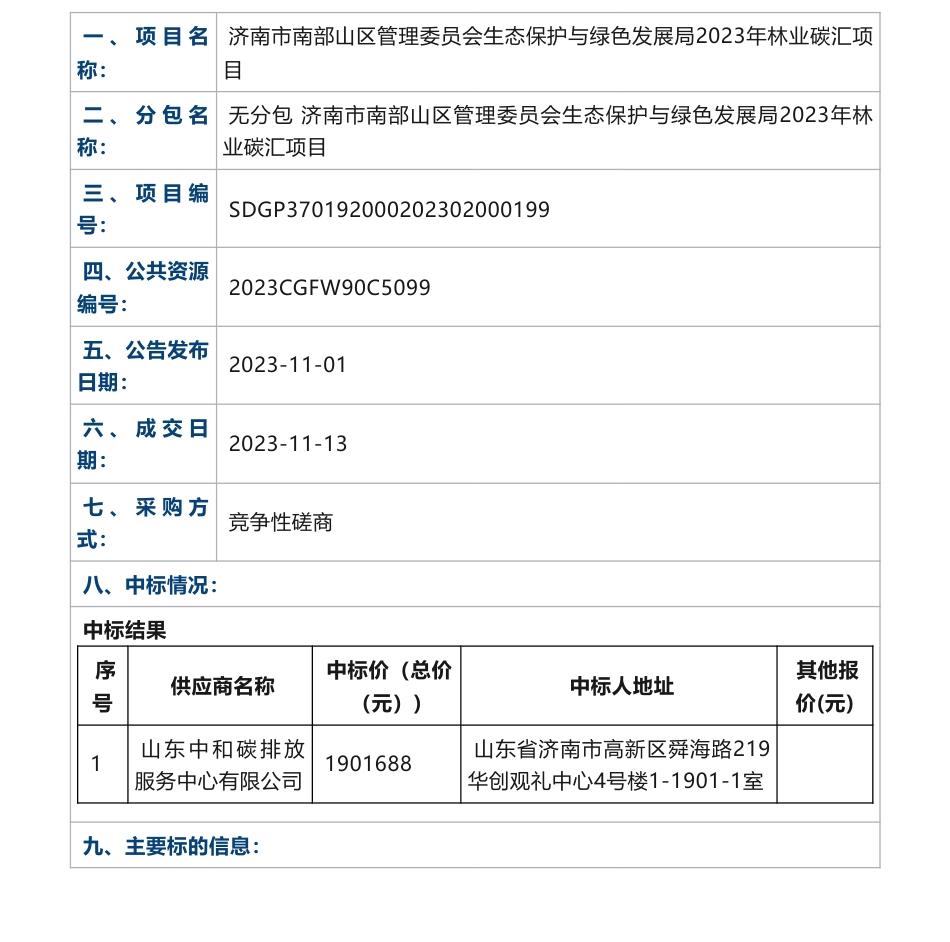 【中标】碳汇190.1688万-济南市南部山区管理委员会生态保护与绿色发展局2023年林业碳汇项目成交公告-山东中和碳排放服务中心有限公司_第1页