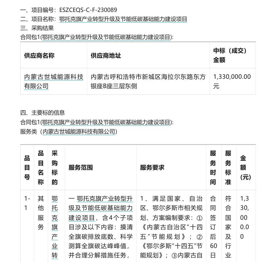 【中标】碳系统133万-鄂托克旗产业转型升级及节能低碳基础能力建设项目结果公告-内蒙古世城能源科技有限公司_第1页