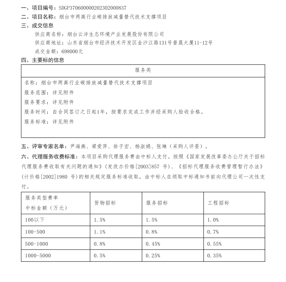 【中标】碳系统69.8万-烟台市两高行业碳排放减量替代技术支撑项目中标公告-烟台云沣生态环境产业发展股份有限公司_第1页