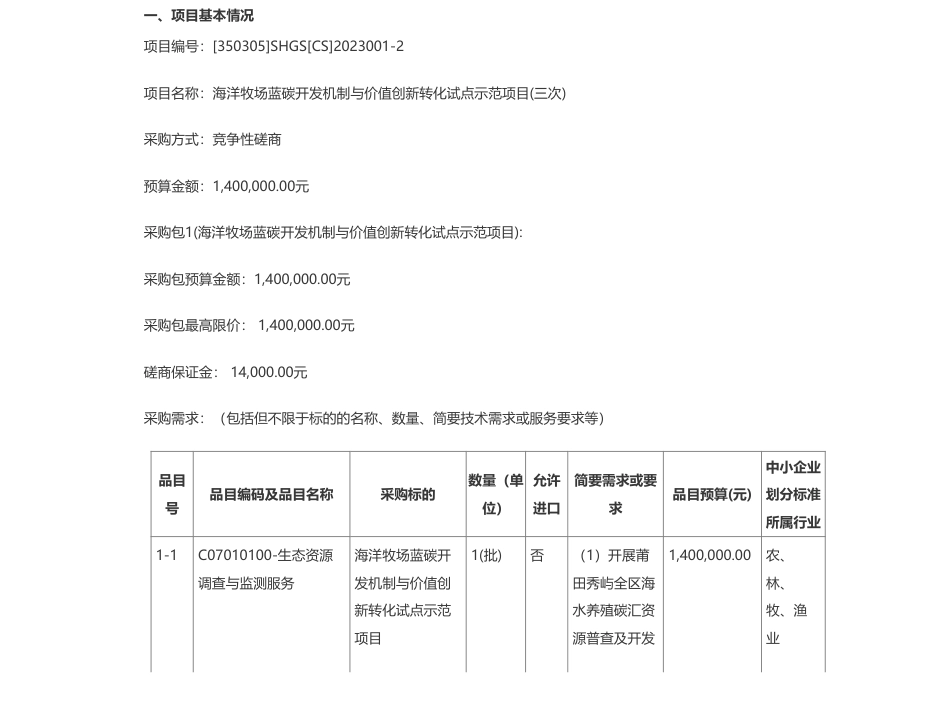 【招标】碳系统140万-海洋牧场蓝碳开发机制与价值创新转化试点示范项目(三次)竞争性磋商公告_第1页
