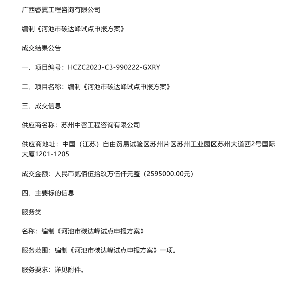 【中标】碳系统295.5万-编制《河池市碳达峰试点申报方案》成交结果公告-苏州中咨工程咨询有限公司_第1页