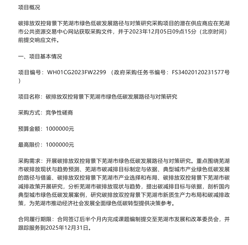【招标】碳系统100万-碳排放双控背景下芜湖市绿色低碳发展路径与对策研究竞争性磋商公告竞争性磋商公告_第1页