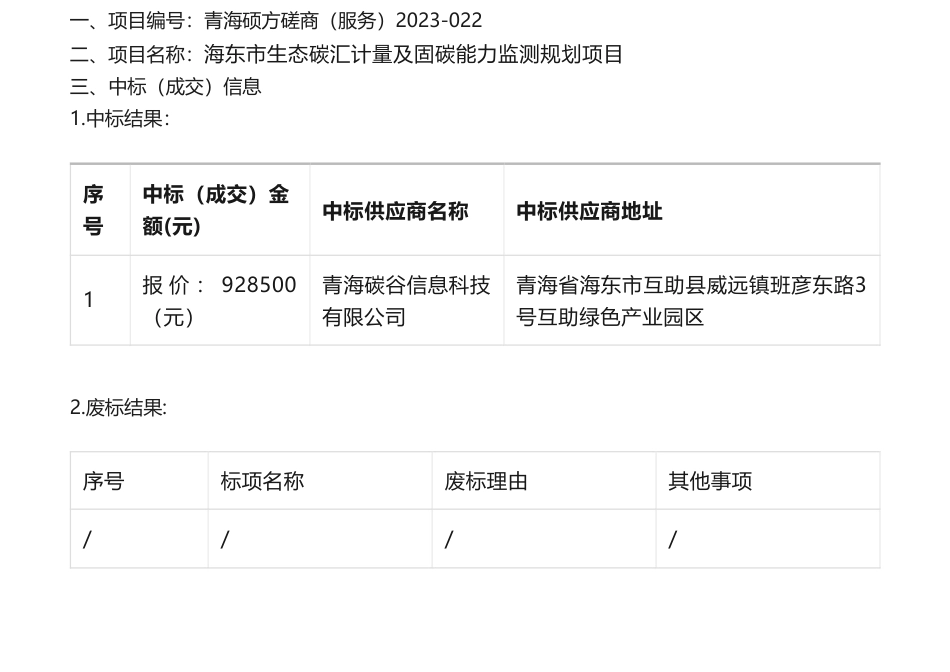 【中标】碳汇92.8万-海东市生态碳汇计量及固碳能力监测规划项目的竞争性磋商公告中标(成交)结果公告-青海碳谷信息科技_第1页