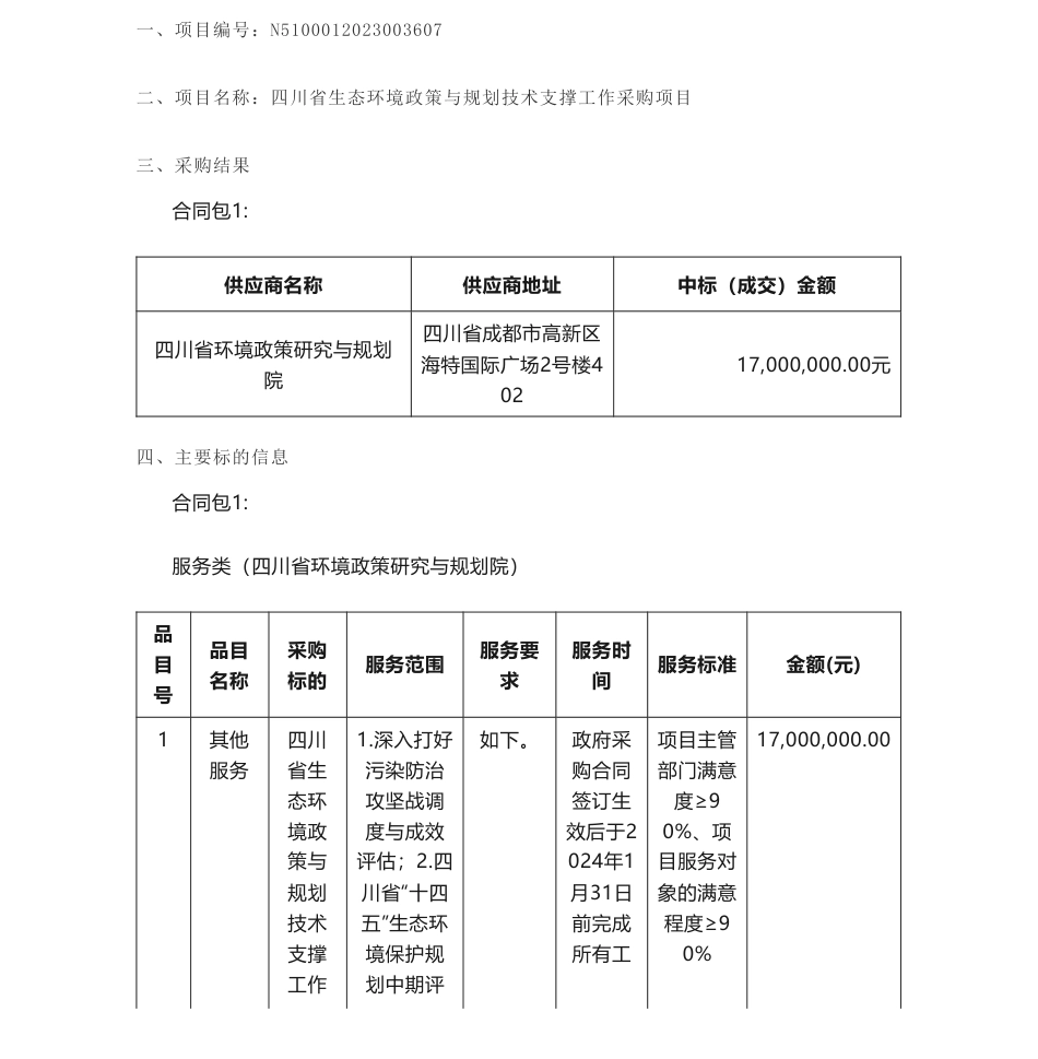 【中标】碳系统1700万-四川省生态环境政策与规划技术支撑工作采购项目竞争性磋商成交公告-四川省环境政策研究与规划院_第1页