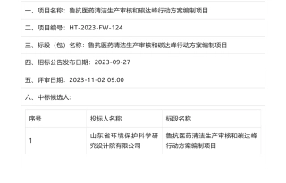 【中标】碳服务-鲁抗医药清洁生产审核和碳达峰行动方案编制项目招标公告中标候选人公示-山东省环境保护科学研究设计院有限公司