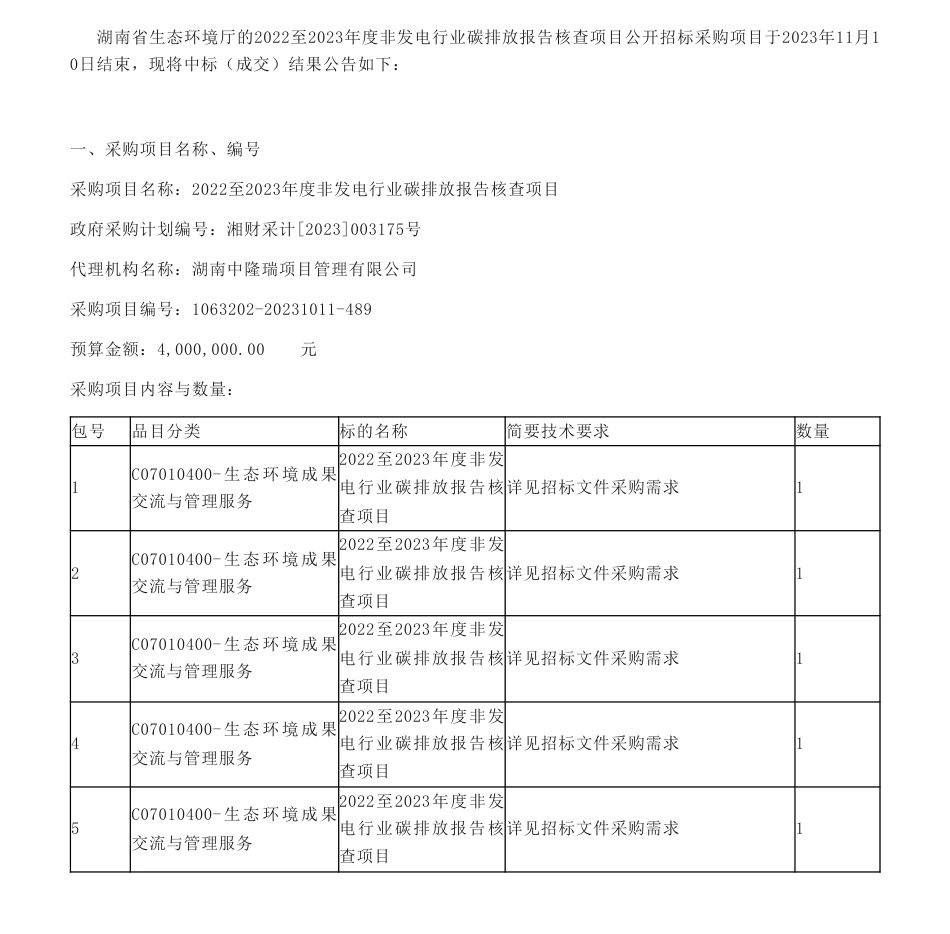 【中标】碳排放400万-湖南省生态环境厅2022至2023年度非发电行业碳排放报告核查项目公开招标中标公示-华测认证有限公司_第1页