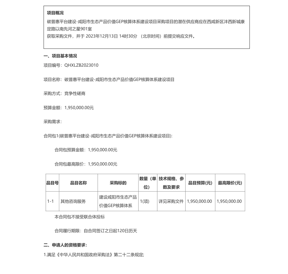 【招标】碳汇195万-咸阳市林业局碳普惠平台建设-咸阳市生态产品价值GEP核算体系建设项目竞争性磋商公告_第1页