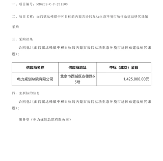 【中标】碳系统142.5万-内蒙古自治区面向碳达峰碳中和目标的内蒙古协同互动生态环境市场体系建设研究课题采购结果公告-电力规划总院有限公司