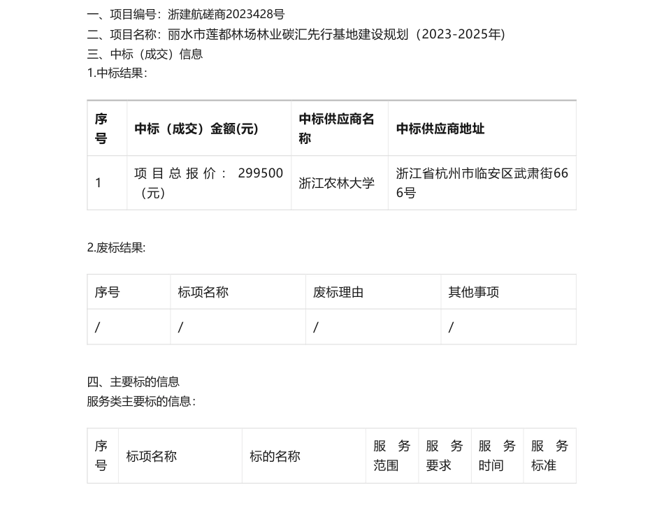 【中标】碳汇29.95万-丽水市莲都林场林业碳汇先行基地建设规划（2023-2025年)的竞争性磋商公告中标(成交)结果公告-浙江农林大学_第1页