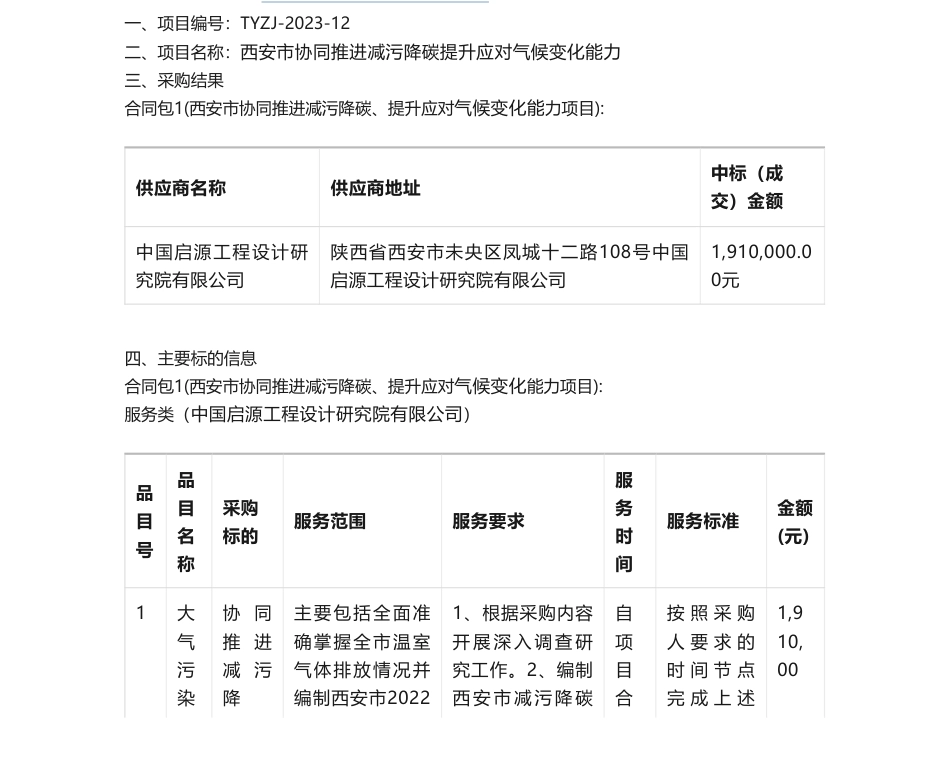 【中标】气候变化191万-西安市协同推进减污降碳提升应对气候变化能力-中国启源工程设计研究院有限公司_第1页