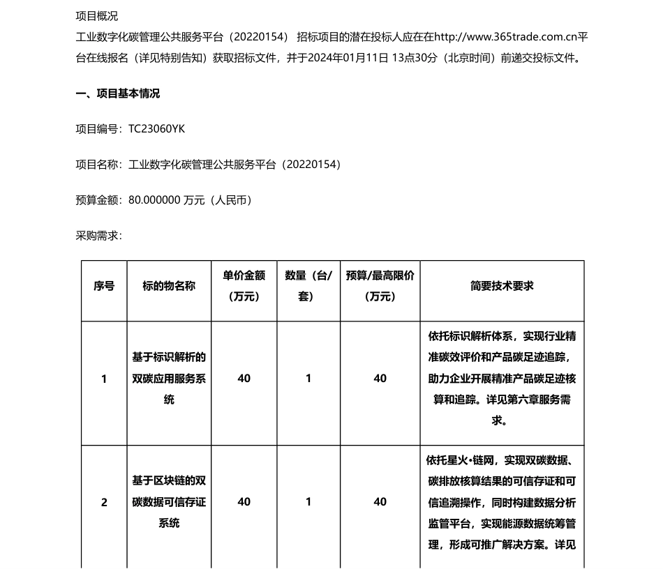 【招标】碳服务80万-中国信息通信研究院工业数字化碳管理公共服务平台（20220154）公开招标公告_第1页