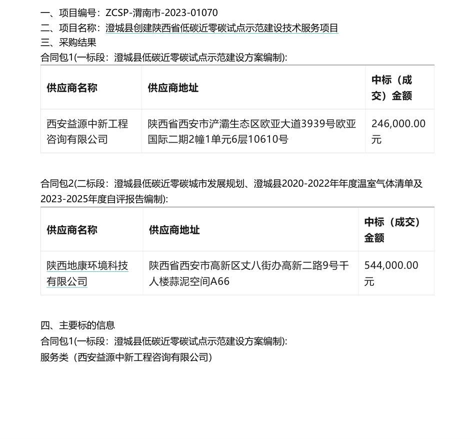 【中标】碳咨询79万-渭南市澄城县创建陕西省低碳近零碳试点示范建设技术服务项目中标（成交）结果-西安益源中新工程咨询有限公司等_第1页
