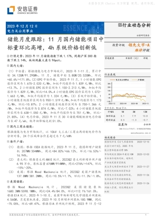 国投证券：11月国内储能项目中标量环比高增，4h系统价格创新低