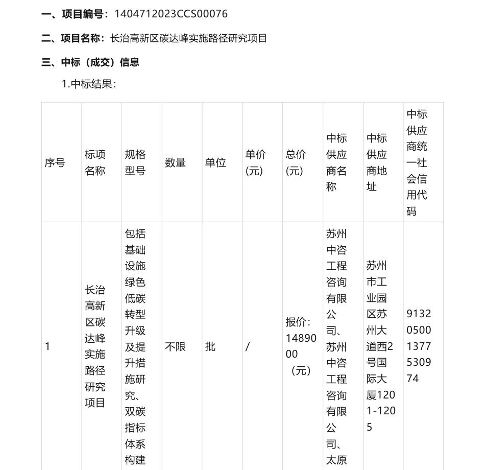 【中标】碳系统148.9万-长治高新区碳达峰实施路径研究项目结果公告-苏州中咨工程咨询有限公司、苏州中咨工程咨询有限公司_第1页