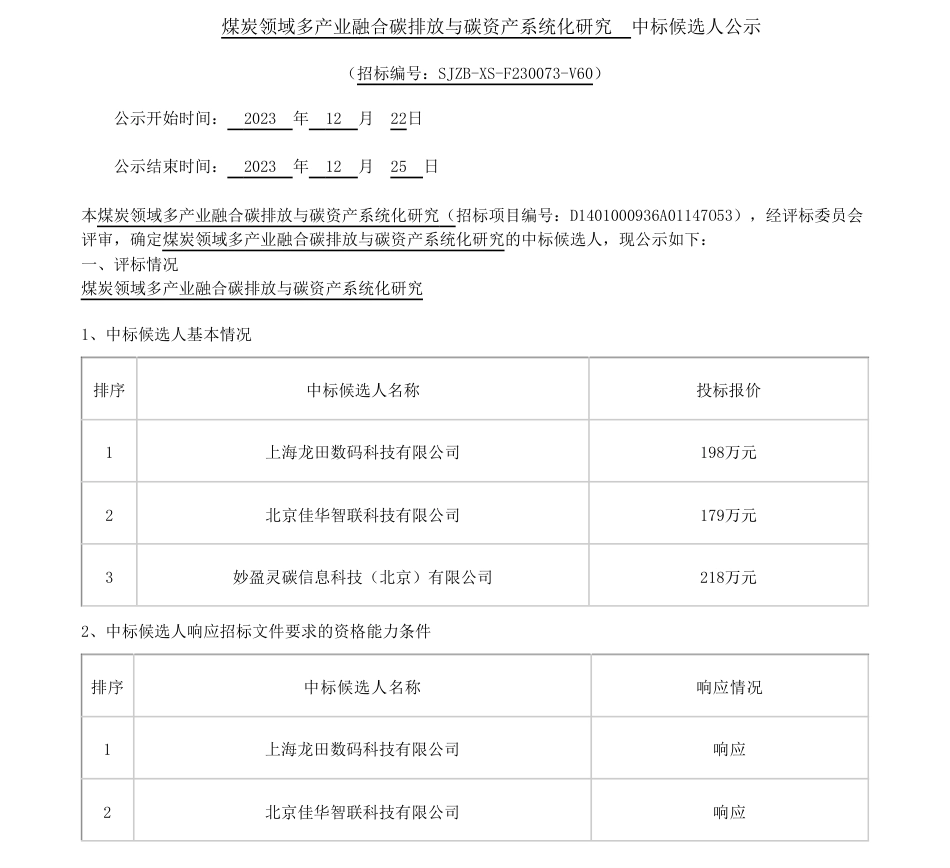 【中标】碳系统198万-煤炭领域多产业融合碳排放与碳资产系统化研究中标候选人公示-上海龙田数码科技有限公司_第1页