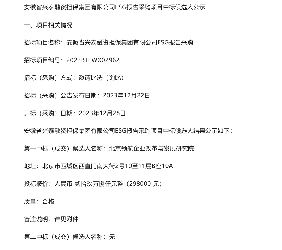 【中标】ESG咨询29.8万-安徽省兴泰融资担保集团有限公司ESG报告采购项目中标候选人公示-北京领航企业改革与发展研究院_第1页