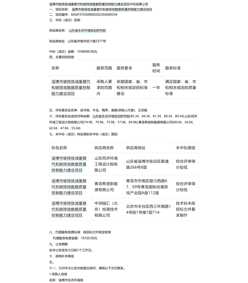【中标】碳系统159万-淄博市碳排放减量替代和碳排放数据质量控制能力建设项目项目公告中标结果公告-山东省生态环境规划研究院_第1页