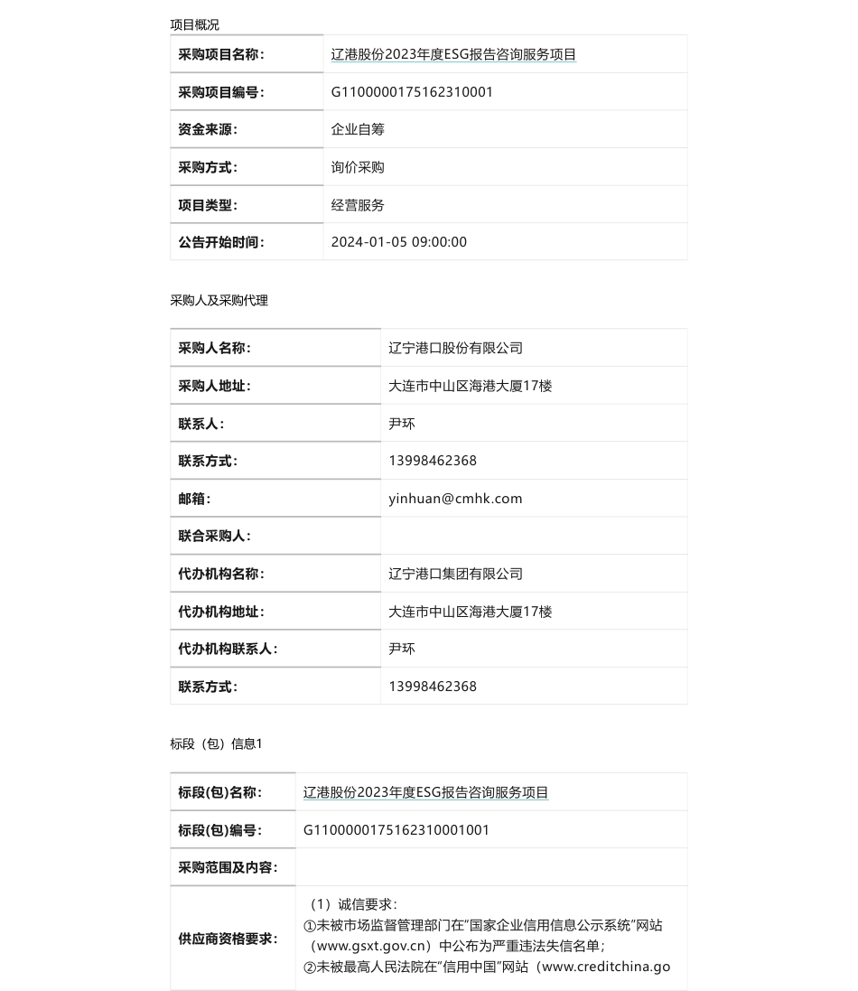 【招标】ESG咨询-辽港股份2023年度ESG报告咨询服务项目-询价采购公告_第1页