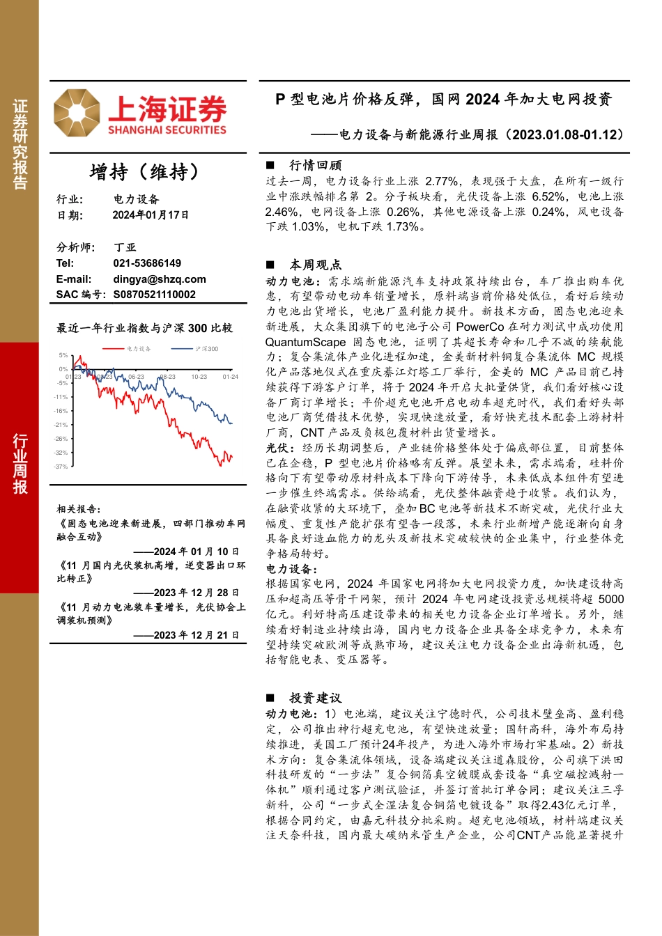 上海证券：P型电池片价格反弹，国网2024年加大电网投资_第1页