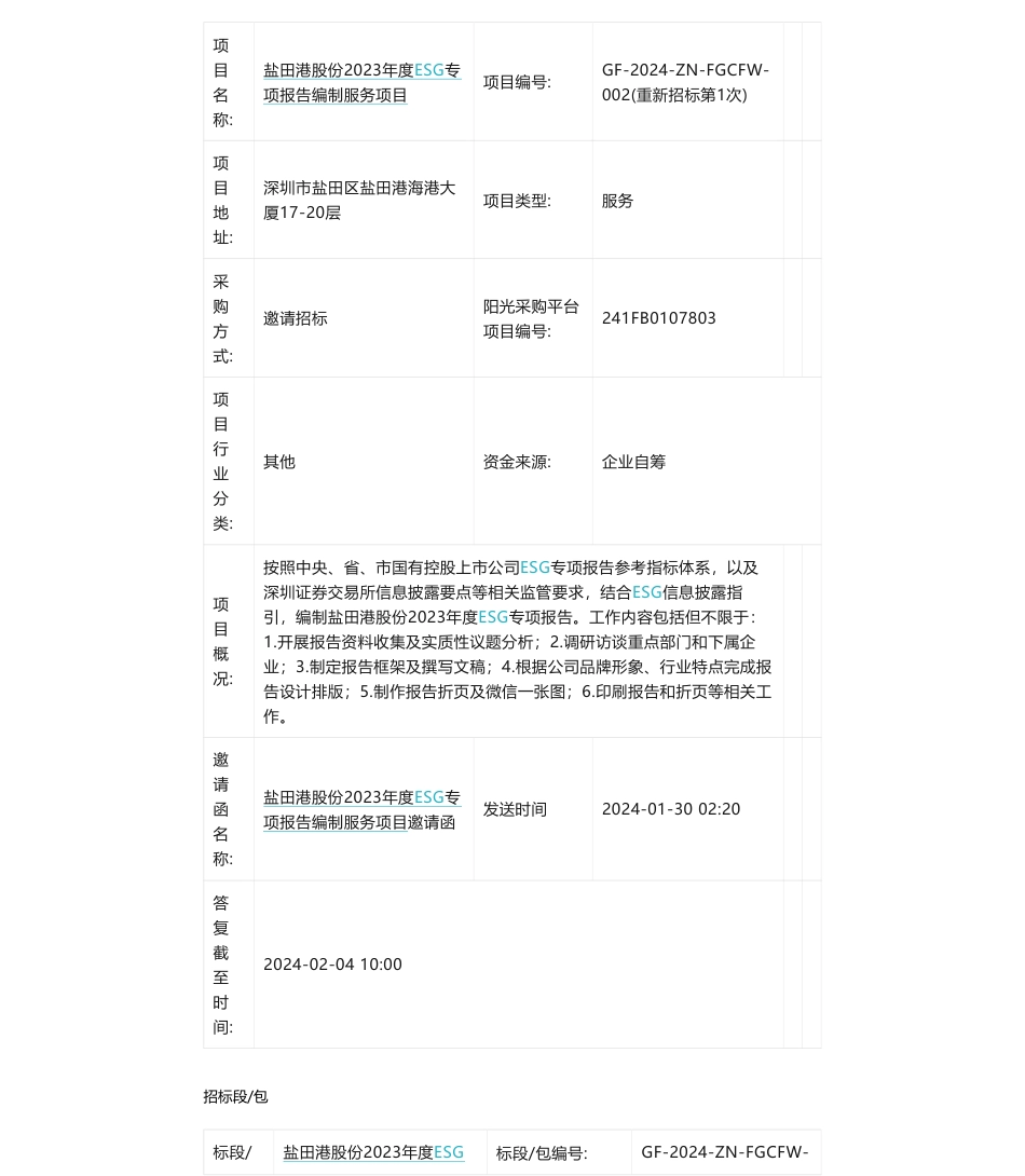 【招标】ESG咨询19万-盐田港股份2023年度ESG专项报告编制服务项目邀请函_第1页