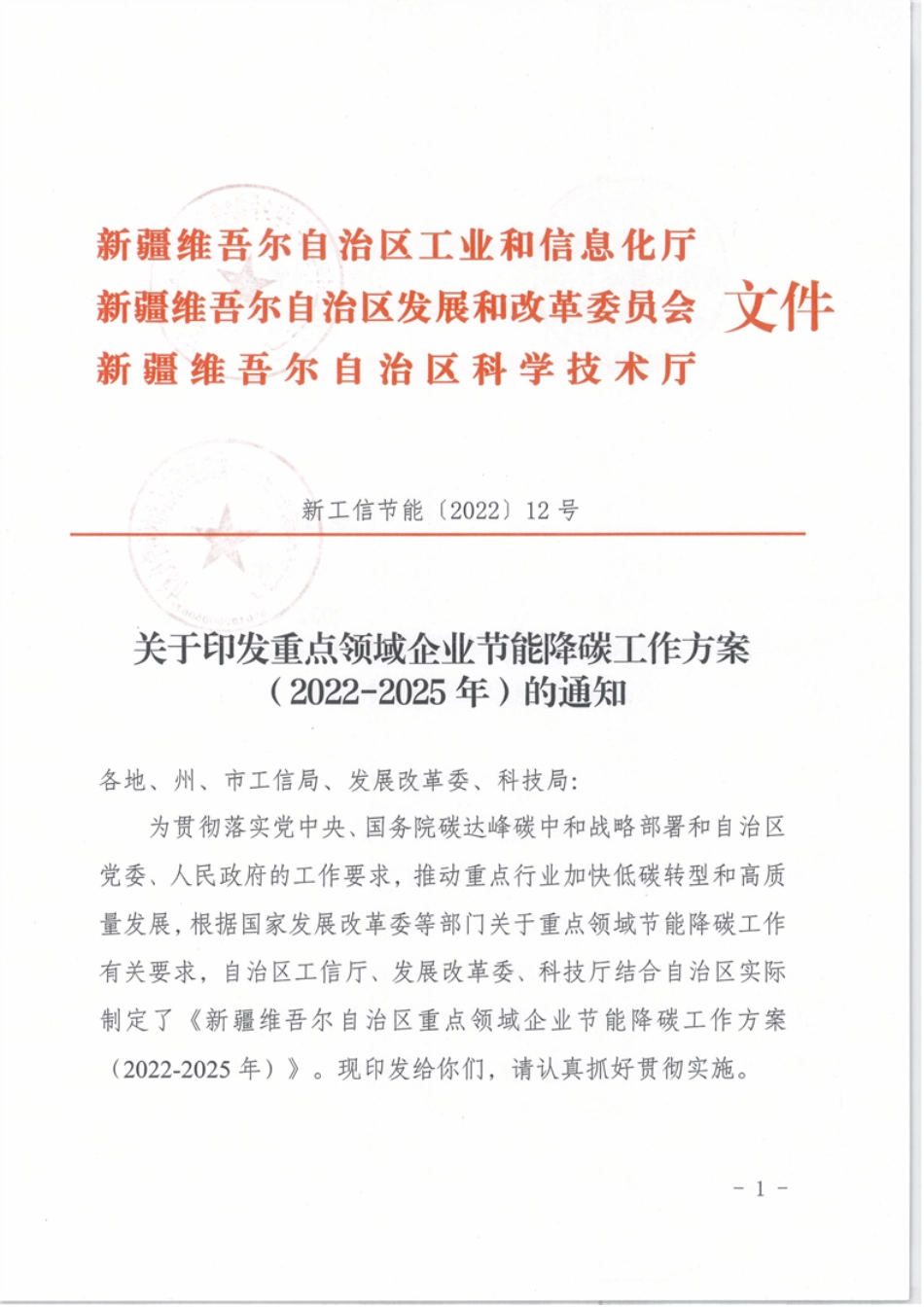 【政策】新疆重点领域企业节能降碳工作方案（2022-2025年）_第1页