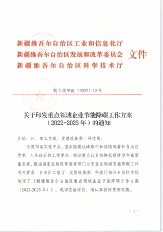 【政策】新疆重点领域企业节能降碳工作方案（2022-2025年）