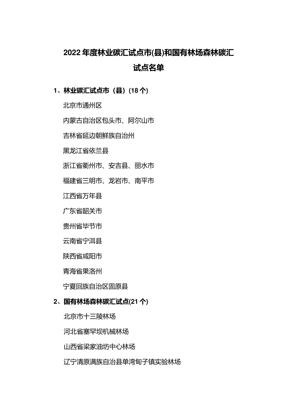 政策】2022年度林业碳汇试点市(县)和国有林场森林碳汇试点名单_第1页