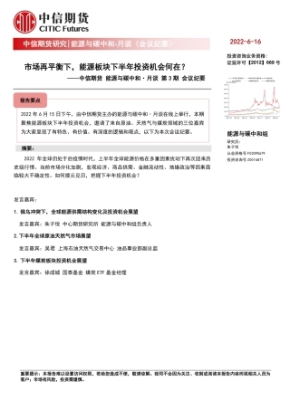 能源与碳中和·月谈第3期会议纪要：市场再平衡下，能源板块下半年投资机会何在？-中信期货