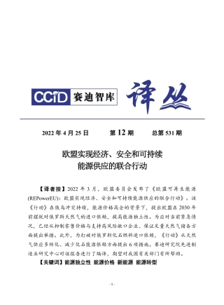 赛迪译丛：《欧盟可再生能源：欧盟实现经济、安全和可持续能源供应的联合行动》