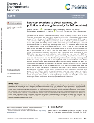 145个国家针对全球变暖、空气污染和能源不安全的低成本解决方案-斯坦福大学