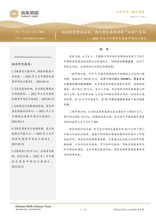 2022年6月中国绿色债券市场运行报告：低碳转型债券出台，携手绿色债券助推“双碳”目标-远东资信