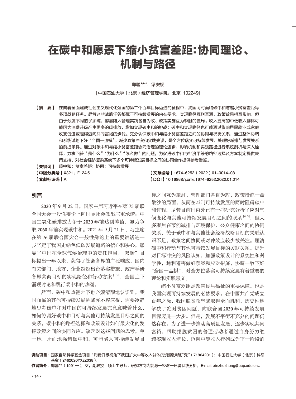在碳中和愿景下缩小贫富差距：协同理论、机制与路径_第1页