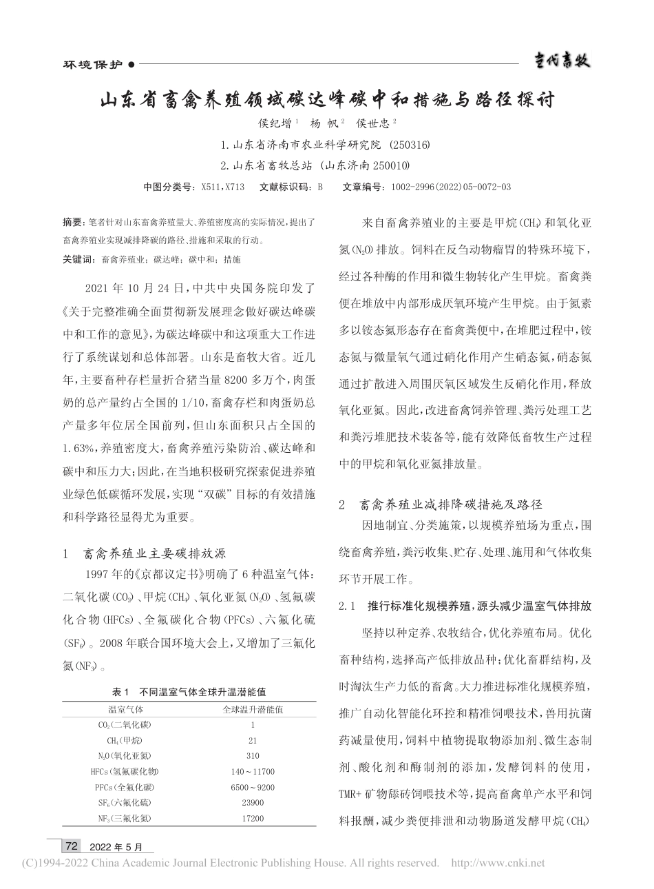 山东省畜禽养殖领域碳达峰碳中和措施与路径探讨_侯纪增_第1页