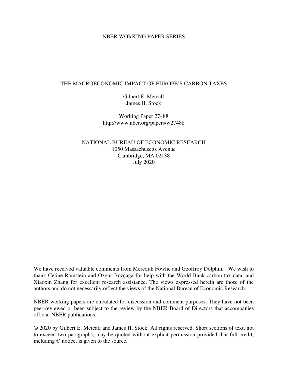 欧洲碳税的宏观经济影响（英文版）The Macroeconomic Impact of Europe’s Carbon Taxes w27488 (1)_第1页