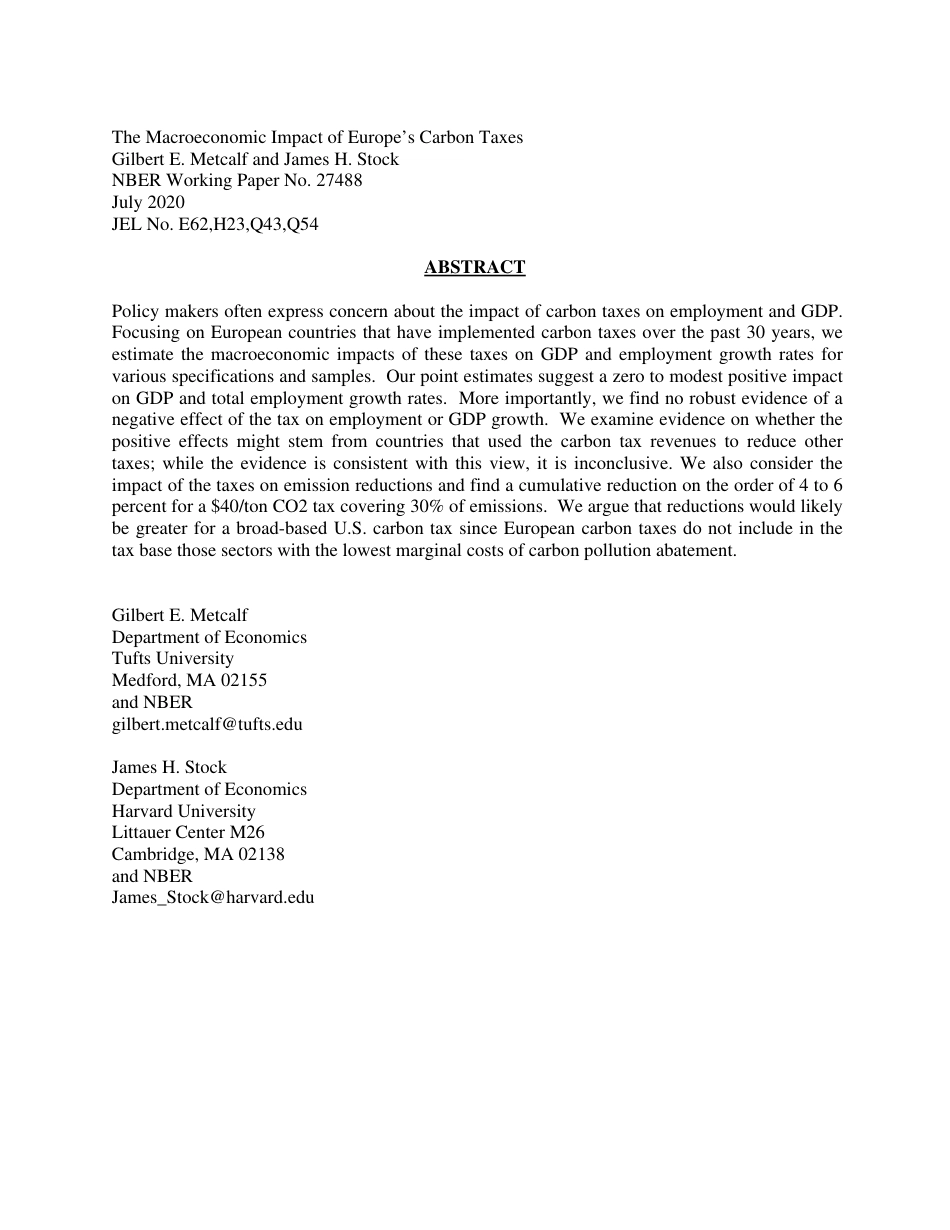 欧洲碳税的宏观经济影响（英文版）The Macroeconomic Impact of Europe’s Carbon Taxes w27488 (1)_第2页
