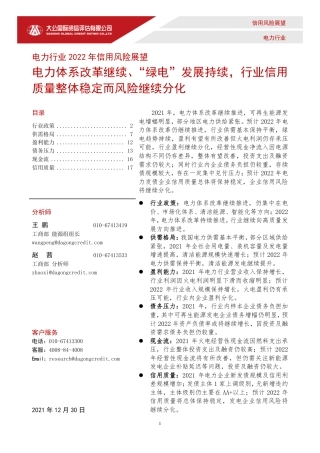 电力行业2022年信用风险展望-大公国际
