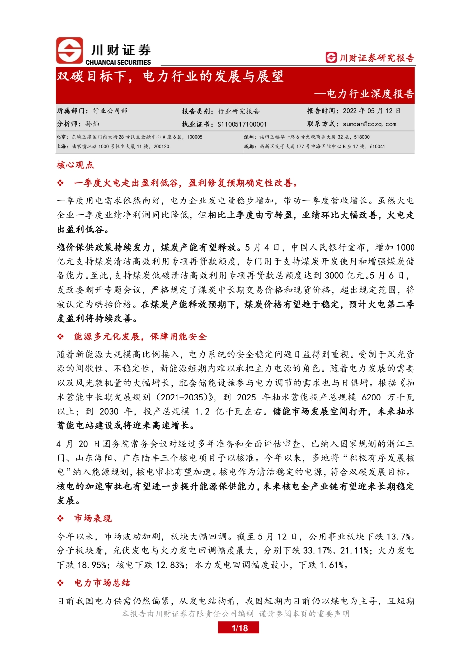 电力行业：双碳目标下，电力行业的发展与展望-川财证券_第1页