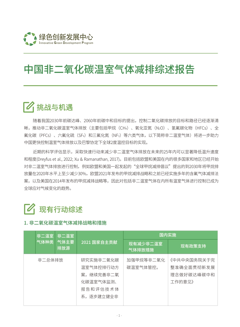 中国非二氧化碳温室气体减排综述报告---绿色创新发展中心_第1页